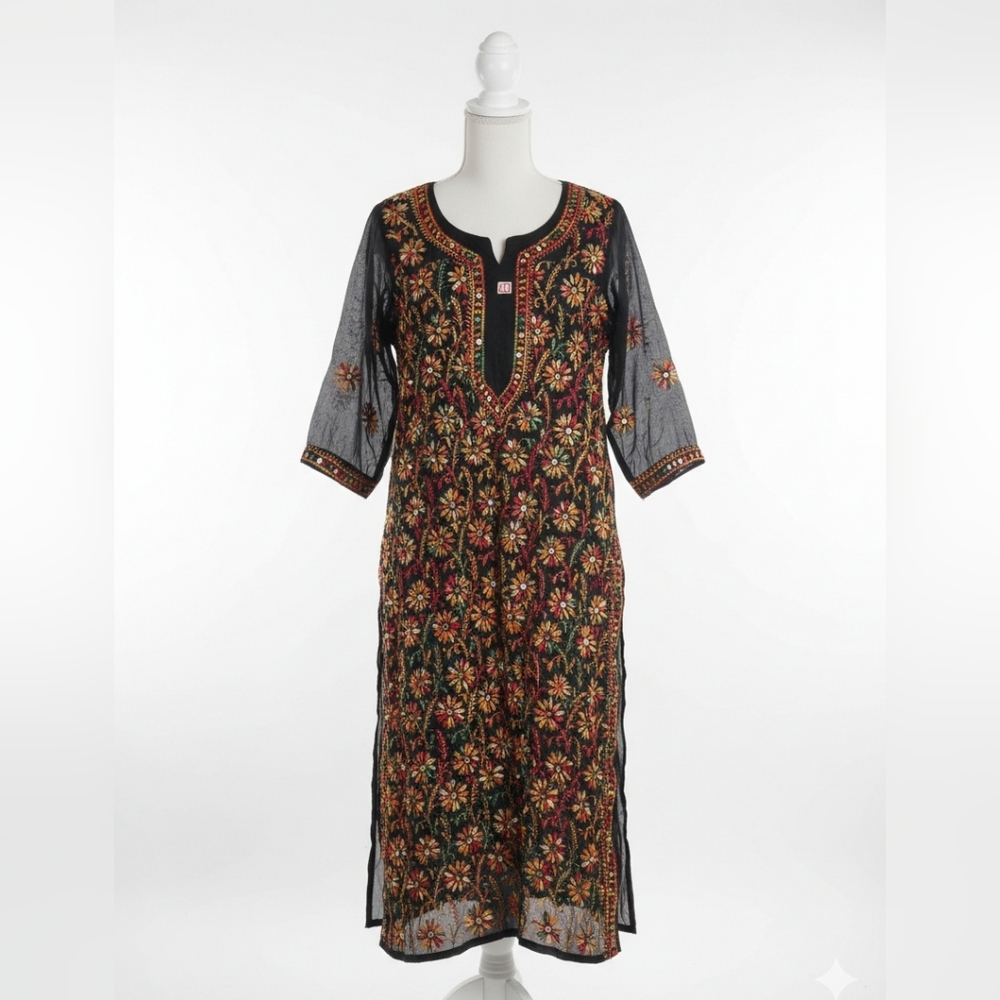 New Black mirror work Georgette Hand embroidered LONG kurtis,Kurta